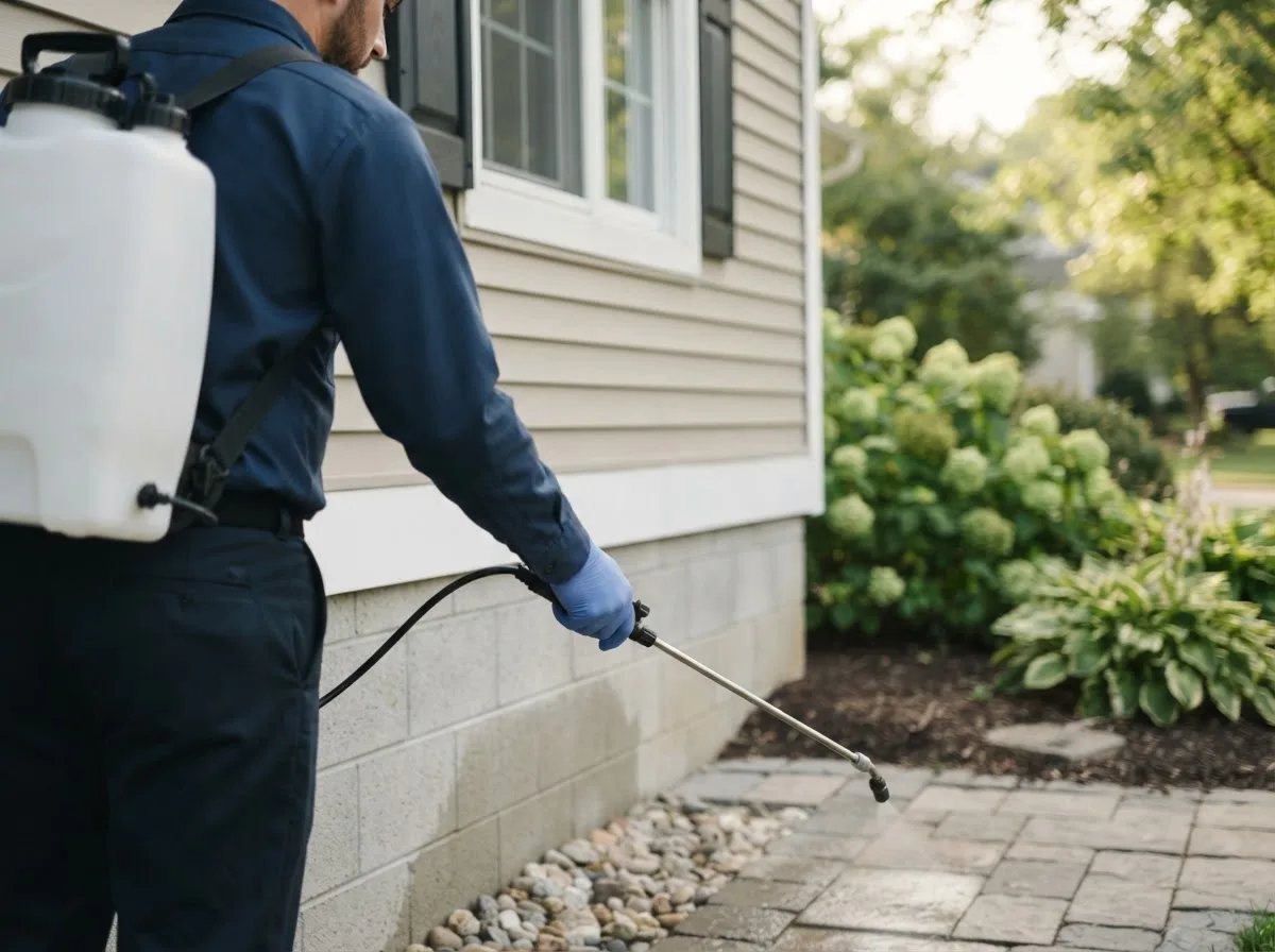 Pest control technician inspecting a home in Edgar, WI